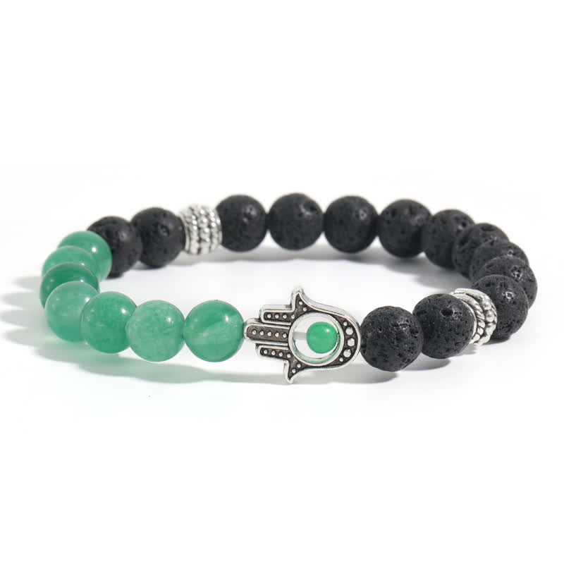 Buddha Stones Bracelet rond artisanal en pierre de lave et paume de Hamsa - Aventurine verte et roche de lave - image 12