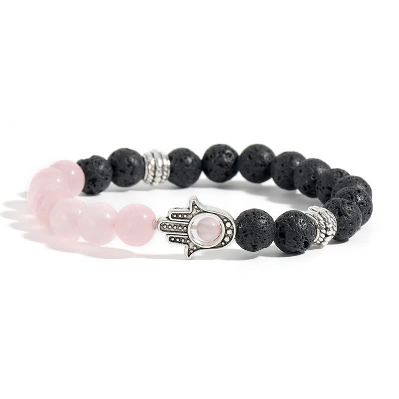 Buddha Stones Bracelet rond artisanal en pierre de lave et paume de Hamsa - Quartz rose et roche de lave - image 4