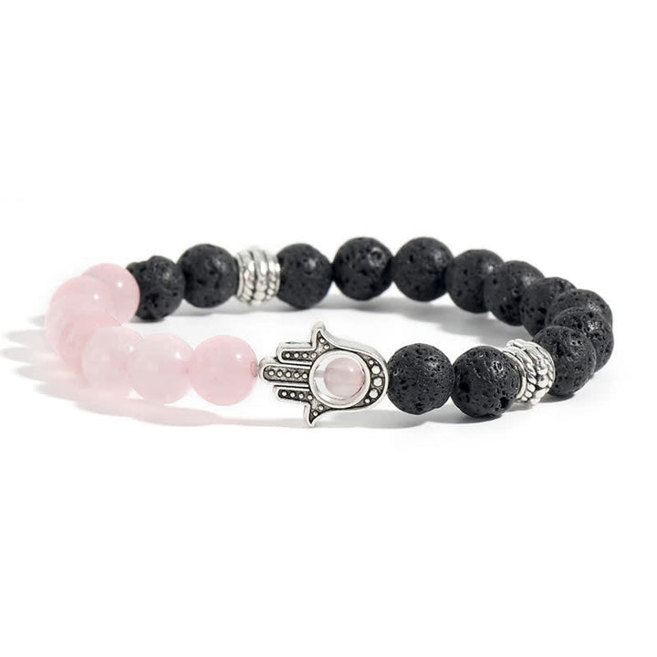 Buddha Stones Bracelet rond artisanal en pierre de lave et paume de Hamsa - Quartz rose et roche de lave - image 4