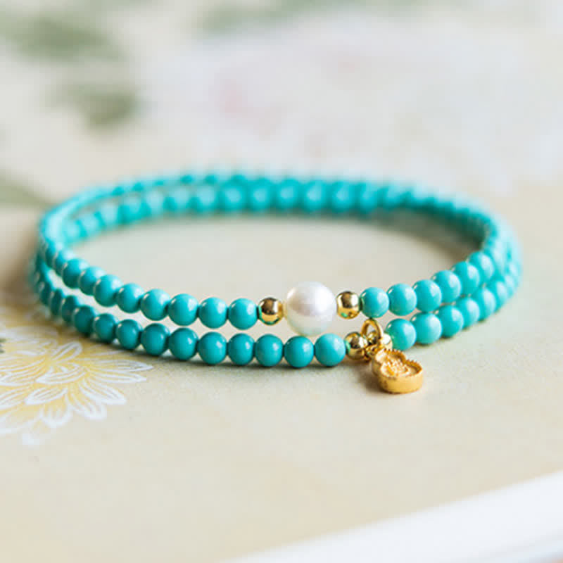 Buddha Stones Bracelet fait main double tour de protection avec pendentif en perle turquoise et gourde - image 1