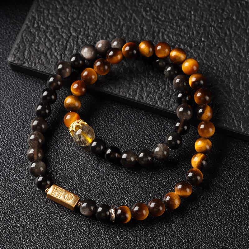Buddha Stones Bracelet double tour tissé à la main en obsidienne œil de tigre argentée, symbole de prospérité - image 2