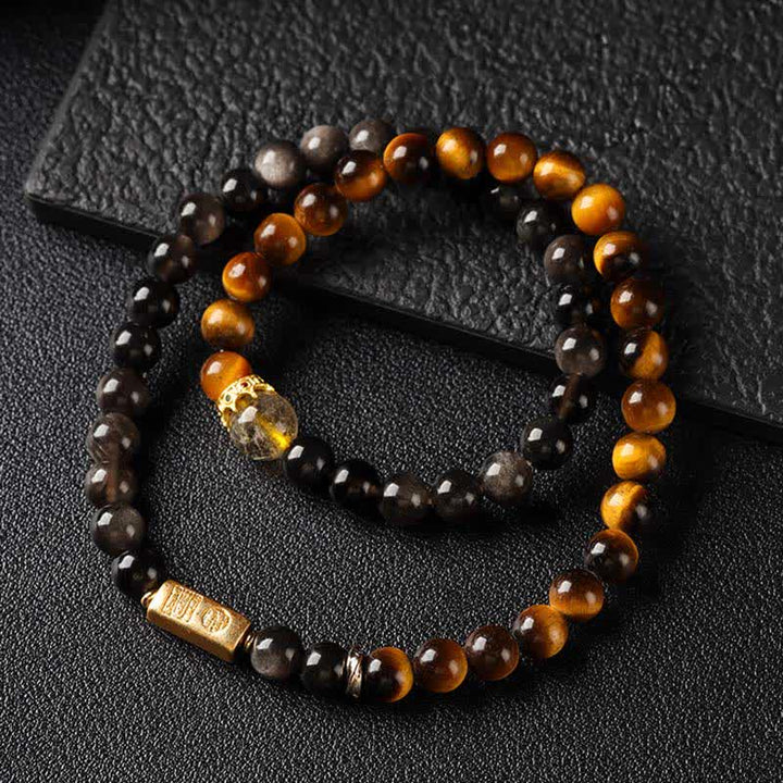 Buddha Stones Bracelet double tour tissé à la main en obsidienne œil de tigre argentée, symbole de prospérité - image 2