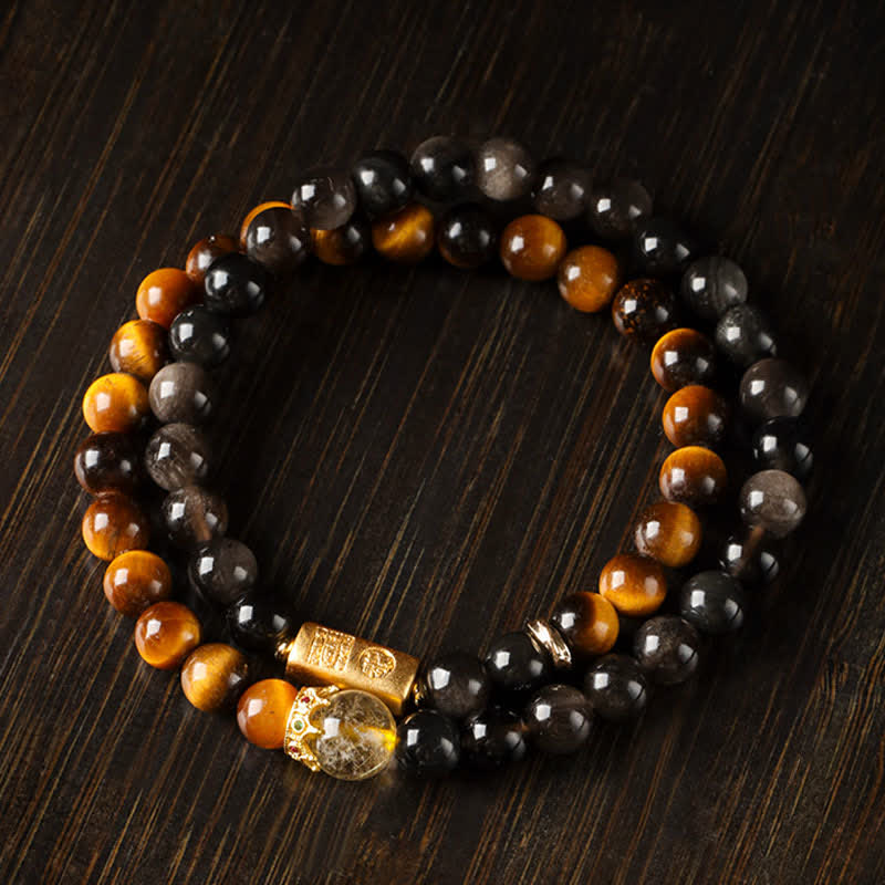 Buddha Stones Bracelet double tour tissé à la main en obsidienne œil de tigre argentée, symbole de prospérité - image 3