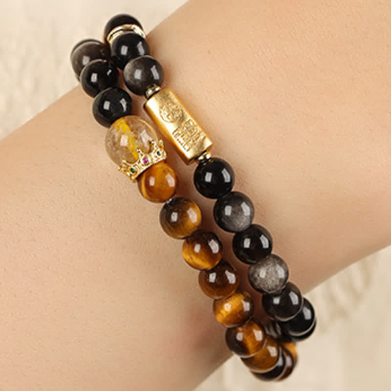 Buddha Stones Bracelet double tour tissé à la main en obsidienne œil de tigre argentée, symbole de prospérité - image 7