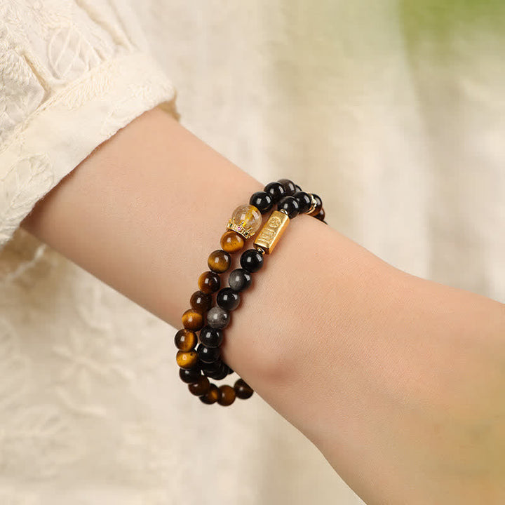 Buddha Stones Bracelet double tour tissé à la main en obsidienne œil de tigre argentée, symbole de prospérité - image 8