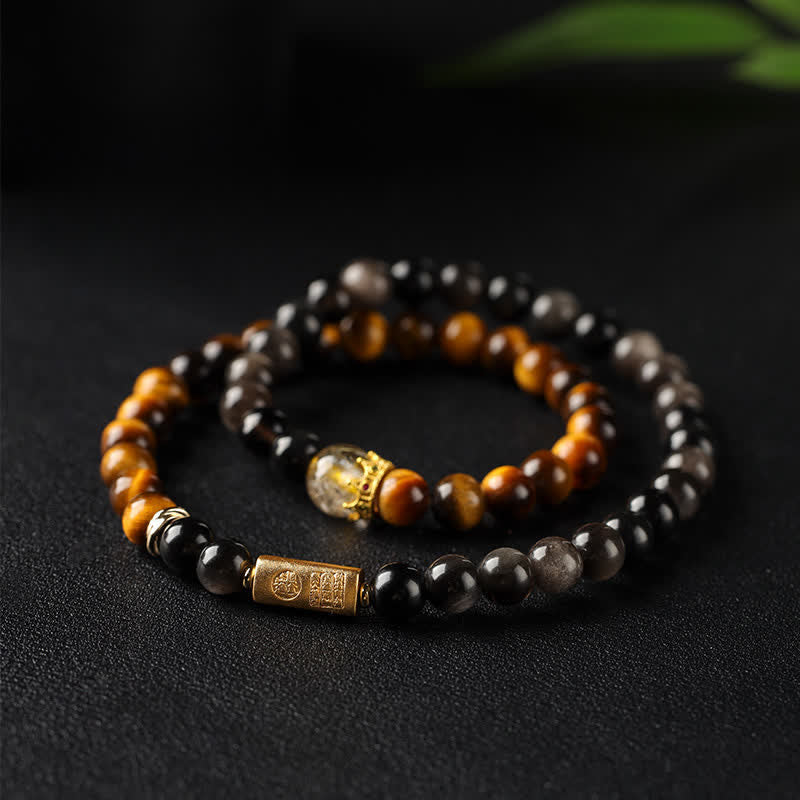 Buddha Stones Bracelet double tour tissé à la main en obsidienne œil de tigre argentée, symbole de prospérité - Œil de tigre (Protection ♥ Force) - image 0