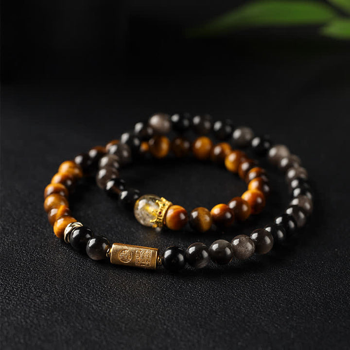 Buddha Stones Bracelet double tour tissé à la main en obsidienne œil de tigre argentée, symbole de prospérité - Œil de tigre (Protection ♥ Force) - image 0