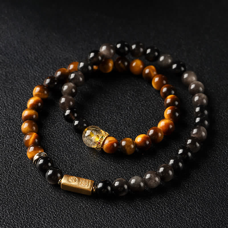 Buddha Stones Bracelet double tour tissé à la main en obsidienne œil de tigre argentée, symbole de prospérité - image 1