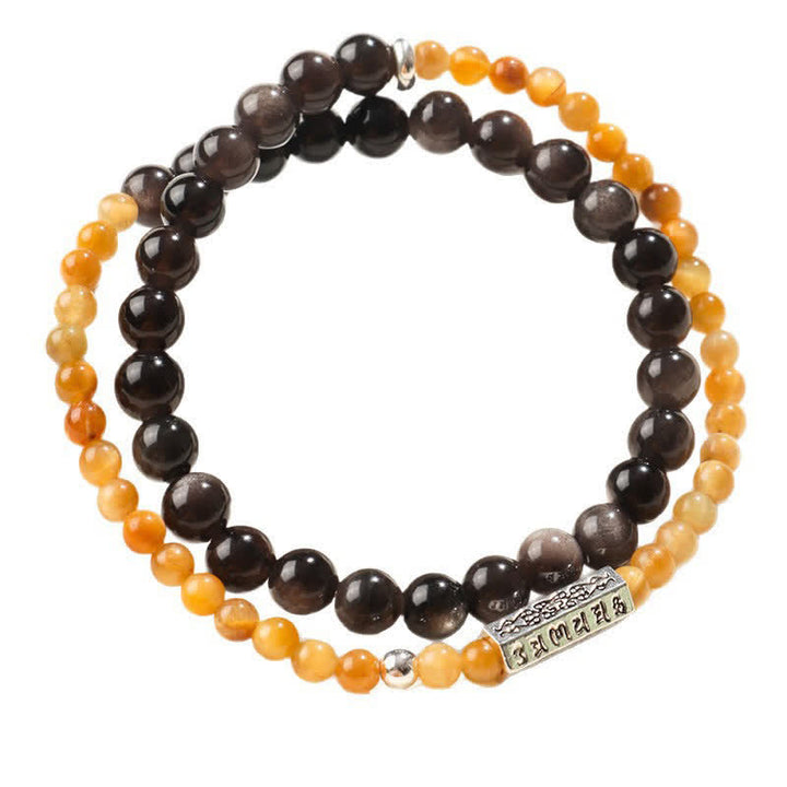 Buddha Stones Bracelet double tour de mise à la terre Om Mani Padme Hum en obsidienne argentée - image 11