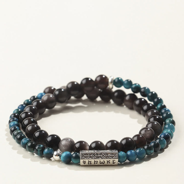 Buddha Stones Bracelet double tour de mise à la terre Om Mani Padme Hum en obsidienne argentée - Style-4 - Obsidienne à reflets argentés (Protection ♥ Apaisement) - image 4