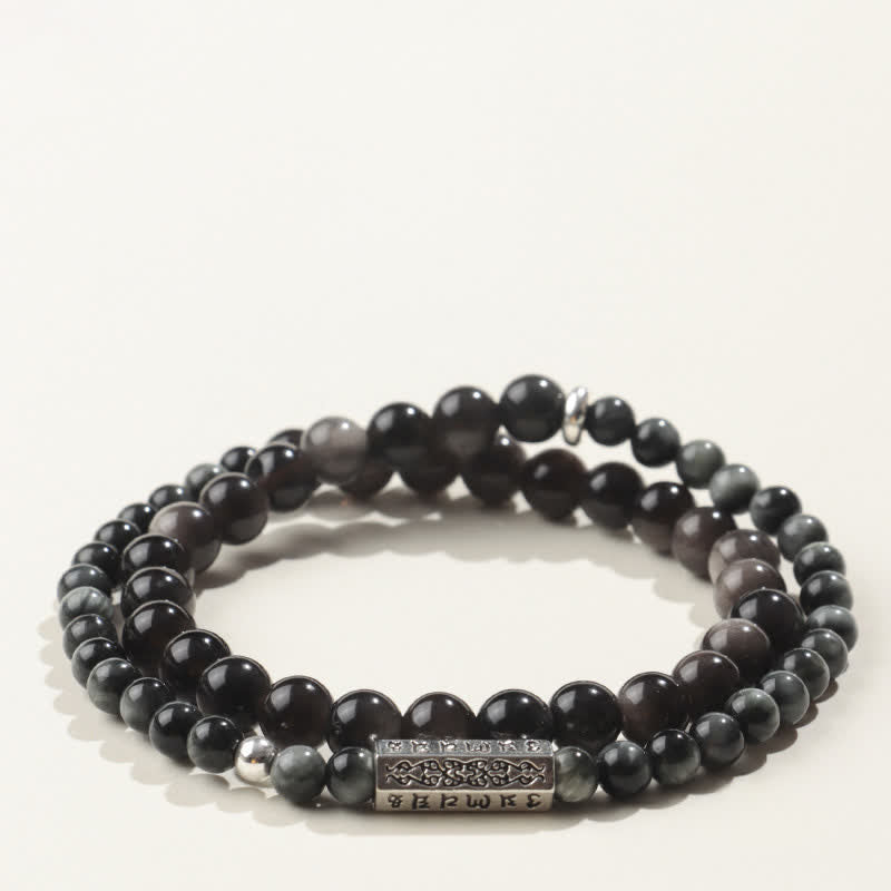 Buddha Stones Bracelet double tour de mise à la terre Om Mani Padme Hum en obsidienne argentée - Style-3 - Obsidienne à reflets argentés (Protection ♥ Apaisement) - image 3