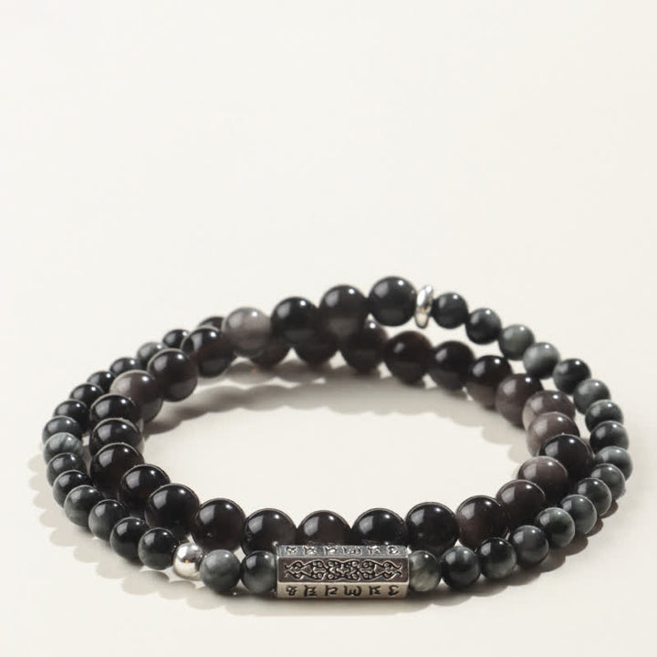 Buddha Stones Bracelet double tour de mise à la terre Om Mani Padme Hum en obsidienne argentée - Style-3 - Obsidienne à reflets argentés (Protection ♥ Apaisement) - image 3