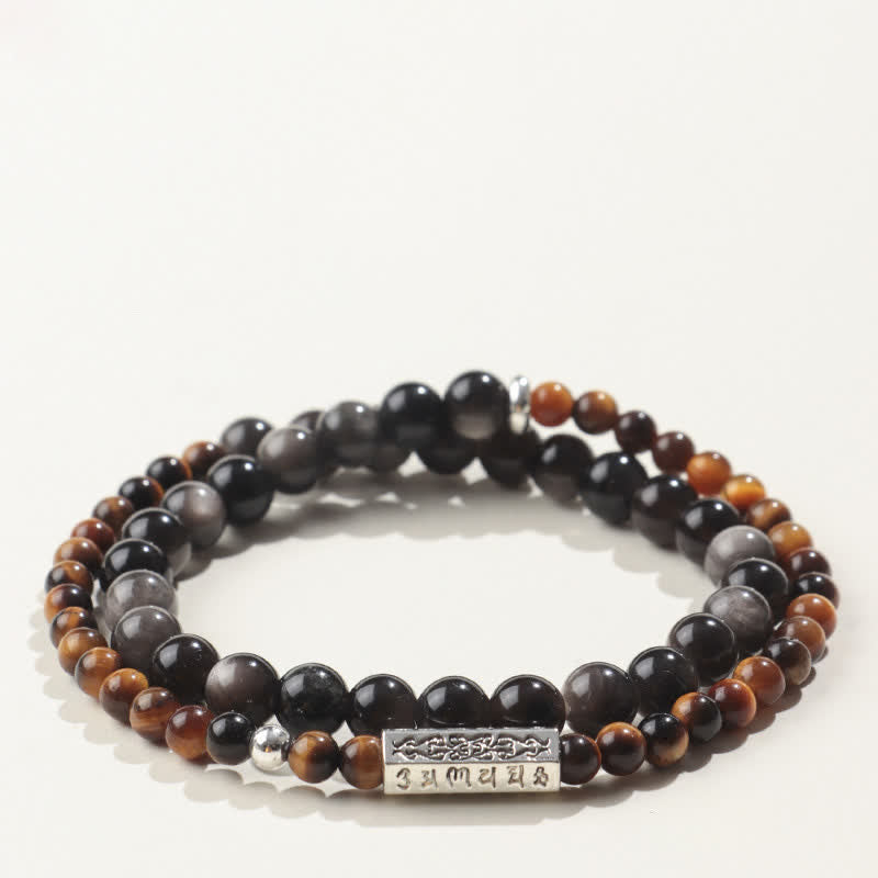 Buddha Stones Bracelet double tour de mise à la terre Om Mani Padme Hum en obsidienne argentée - Style-2 - Obsidienne à reflets argentés (Protection ♥ Apaisement) - image 2