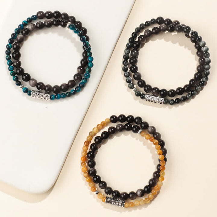 Buddha Stones Bracelet double tour de mise à la terre Om Mani Padme Hum en obsidienne argentée - image 9