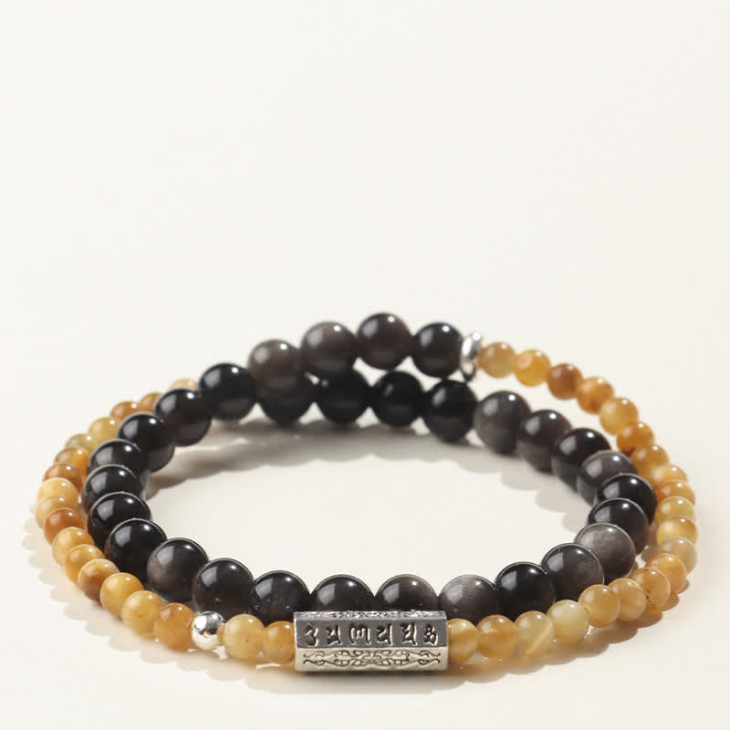 Buddha Stones Bracelet double tour de mise à la terre Om Mani Padme Hum en obsidienne argentée - Style-1 - Obsidienne à reflets argentés (Protection ♥ Apaisement) - image 1