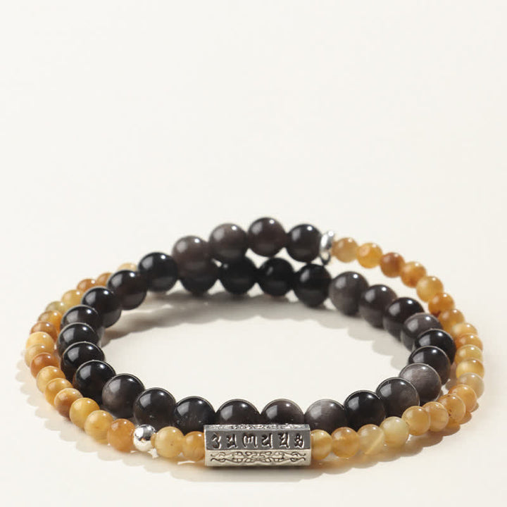 Buddha Stones Bracelet double tour de mise à la terre Om Mani Padme Hum en obsidienne argentée - Style-1 - Obsidienne à reflets argentés (Protection ♥ Apaisement) - image 1