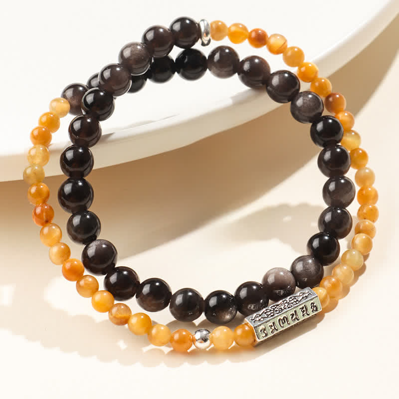Buddha Stones Bracelet double tour de mise à la terre Om Mani Padme Hum en obsidienne argentée - image 0