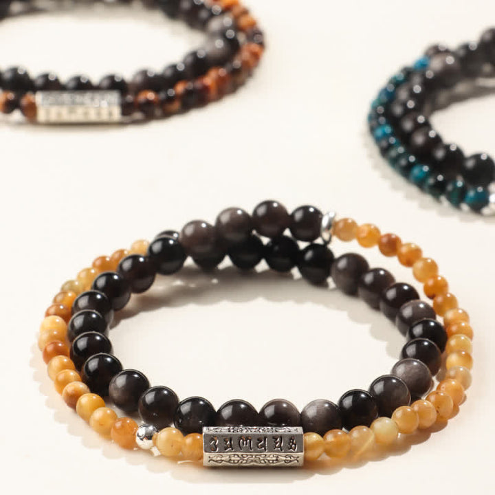 Buddha Stones Bracelet double tour de mise à la terre Om Mani Padme Hum en obsidienne argentée - image 8