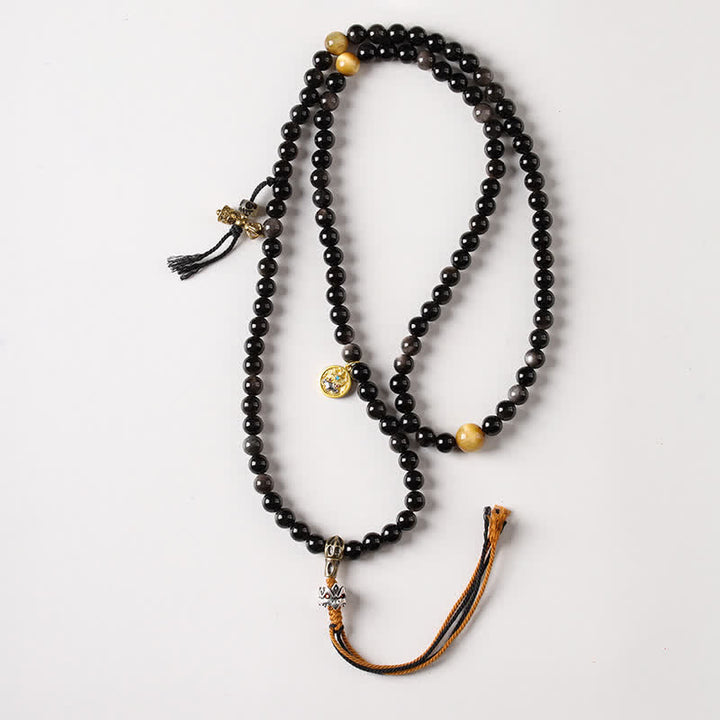 Buddha Stones Collier de perles tissées à la main en obsidienne argentée avec Garuda protecteur - Garuda (Protection ♥ Pouvoir spirituel) - Obsidienne à reflets argentés (Protection ♥ Apaisement) - image 1