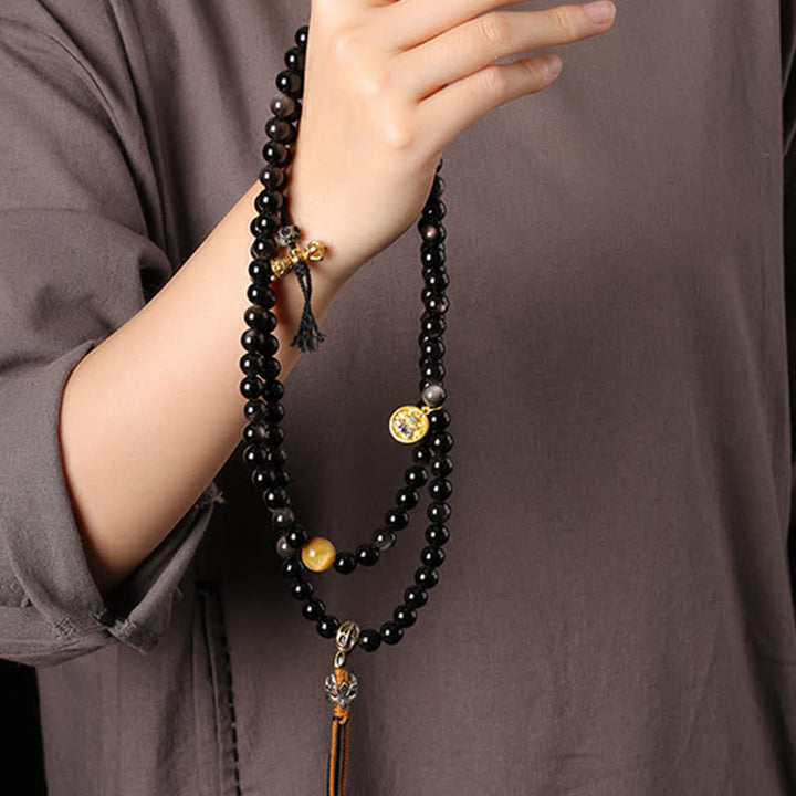 Buddha Stones Collier de perles tissées à la main en obsidienne argentée avec Garuda protecteur - image 9