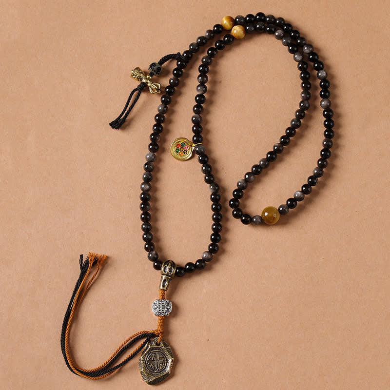 Buddha Stones Collier de perles tissées à la main en obsidienne argentée avec Garuda protecteur - image 4