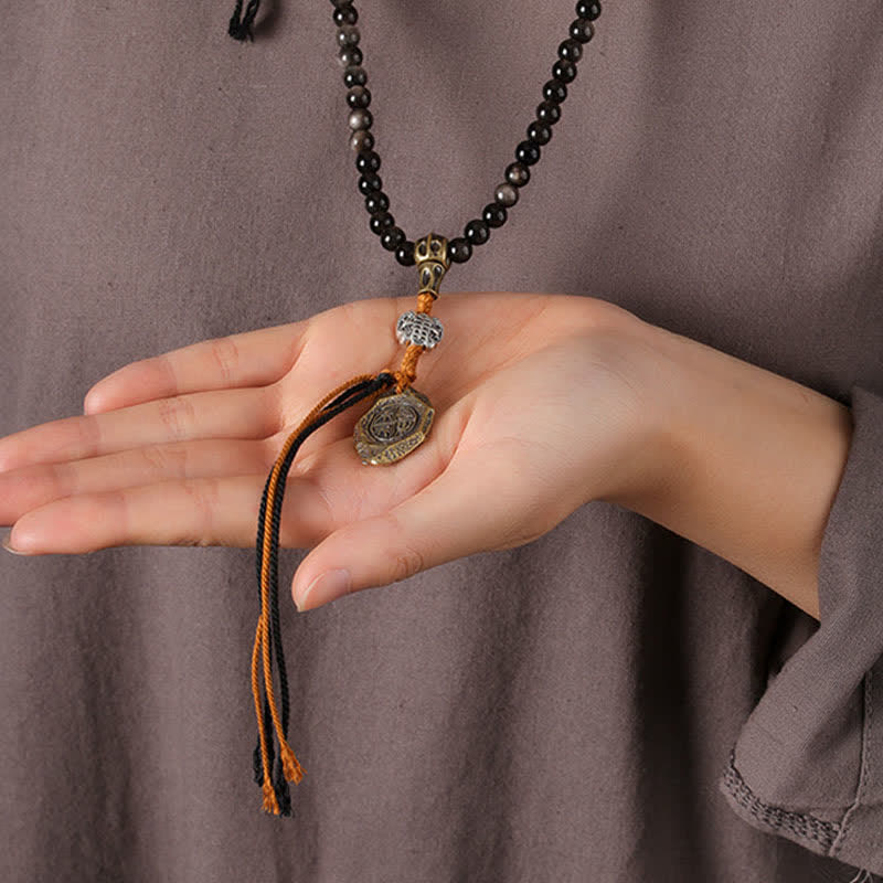 Buddha Stones Collier de perles tissées à la main en obsidienne argentée avec Garuda protecteur - image 10