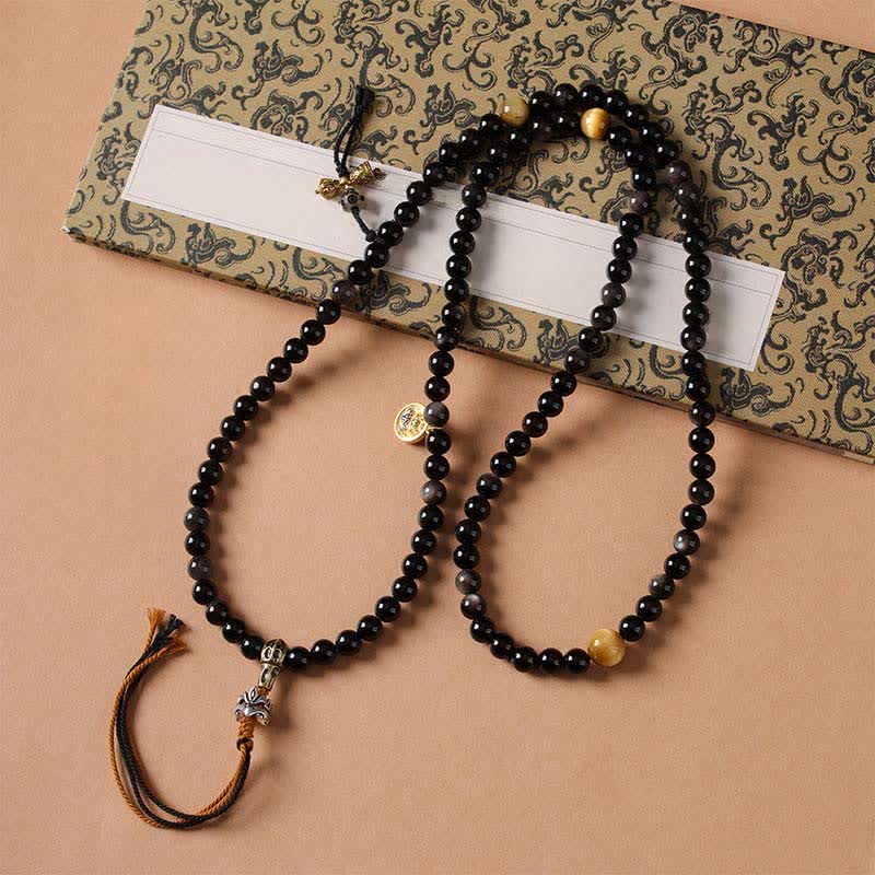 Buddha Stones Collier de perles tissées à la main en obsidienne argentée avec Garuda protecteur - image 3