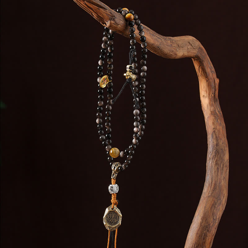 Buddha Stones Collier de perles tissées à la main en obsidienne argentée avec Garuda protecteur - image 7