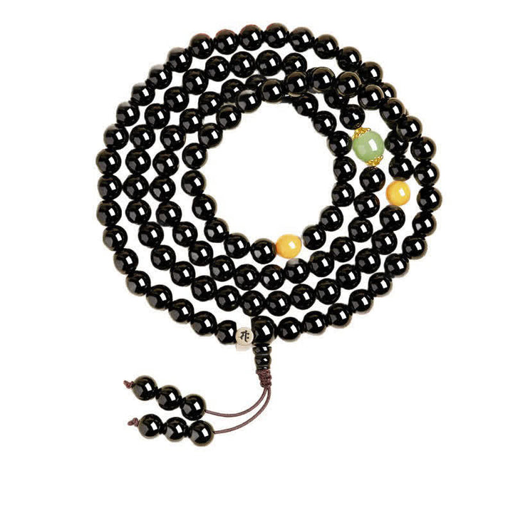 Buddha Stones Mala à pompon en obsidienne noire, 108 perles, polie à la main, symbole de protection du zodiaque chinois. - image 12