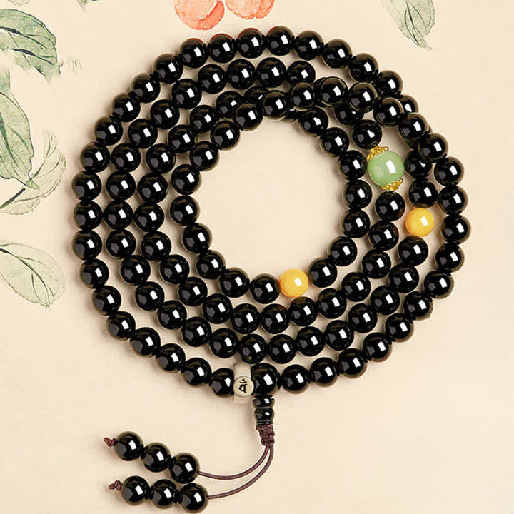Buddha Stones Mala à pompon en obsidienne noire, 108 perles, polie à la main, symbole de protection du zodiaque chinois. - Chèvre/Singe-Tathagata - 8 mm - image 7