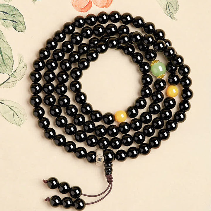 Buddha Stones Mala à pompon en obsidienne noire, 108 perles, polie à la main, symbole de protection du zodiaque chinois. - Dragon/Serpent-Samantabhadra Bodhisattva - 8 mm - image 3