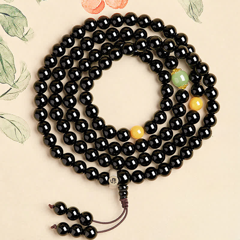 Buddha Stones Mala à pompon en obsidienne noire, 108 perles, polie à la main, symbole de protection du zodiaque chinois. - Bodhisattva du Vide Bœuf/Tigre - 8 mm - image 1