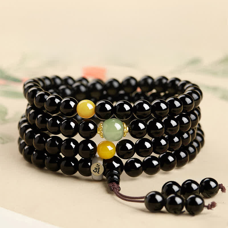 Buddha Stones Mala à pompon en obsidienne noire, 108 perles, polie à la main, symbole de protection du zodiaque chinois. - image 10
