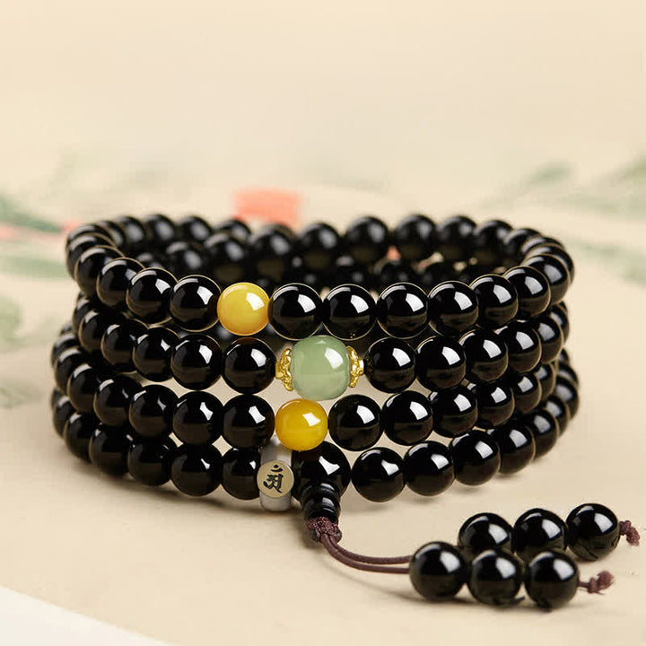 Buddha Stones Mala à pompon en obsidienne noire, 108 perles, polie à la main, symbole de protection du zodiaque chinois. - image 10