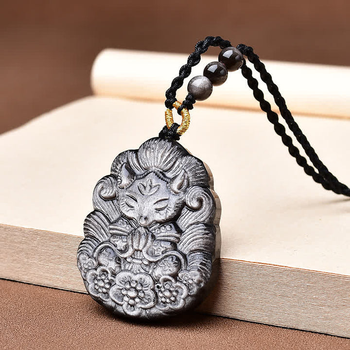 Buddha Stones Collier de protection en obsidienne noire sculpté à la main, représentant un renard à neuf queues. - Obsidienne noire (Purification ♥ Force) - image 0