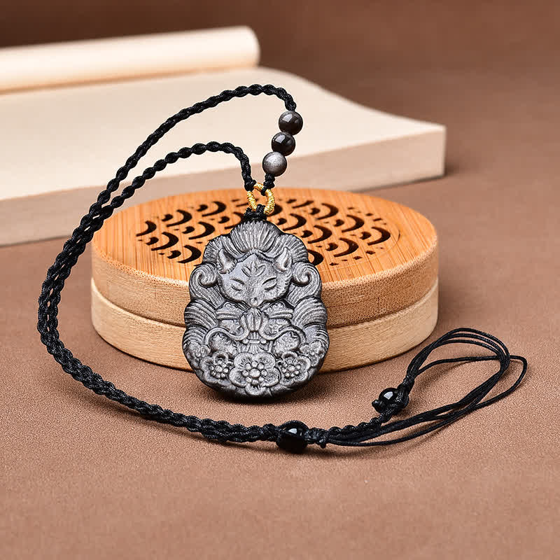 Buddha Stones Collier de protection en obsidienne noire sculpté à la main, représentant un renard à neuf queues. - image 1