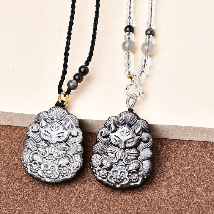 Buddha Stones Collier de protection en obsidienne noire sculpté à la main, représentant un renard à neuf queues. - image 3