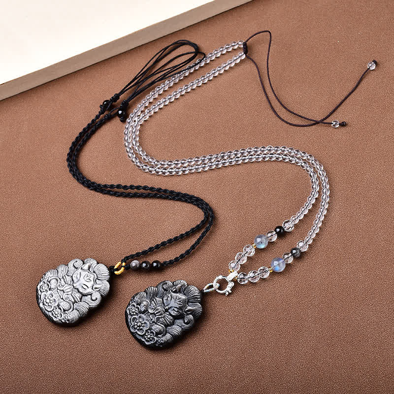 Buddha Stones Collier de protection en obsidienne noire sculpté à la main, représentant un renard à neuf queues. - image 4