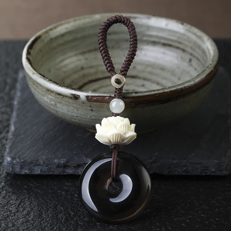 Buddha Stones Porte-clés de protection en obsidienne arc-en-ciel avec boucle de lotus et boucle de paix - Lotus - Porte-clés boucle de paix en obsidienne glacée - Obsidienne arc-en-ciel (changements de couleur selon la lumière) - image 1
