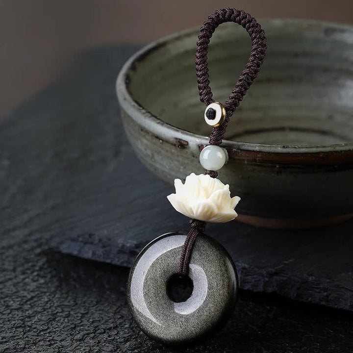 Buddha Stones Porte-clés de protection en obsidienne arc-en-ciel avec boucle de lotus et boucle de paix - image 3