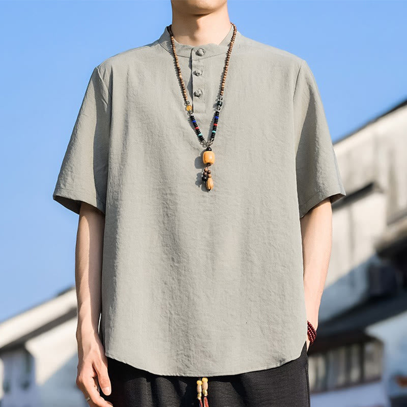 Buddha Stones Chemises d'été décontractées pour hommes, col mandarin, trois boutons, manches courtes, unies - OldLace - US/UK/AU48, EU58 (5XL) - image 0
