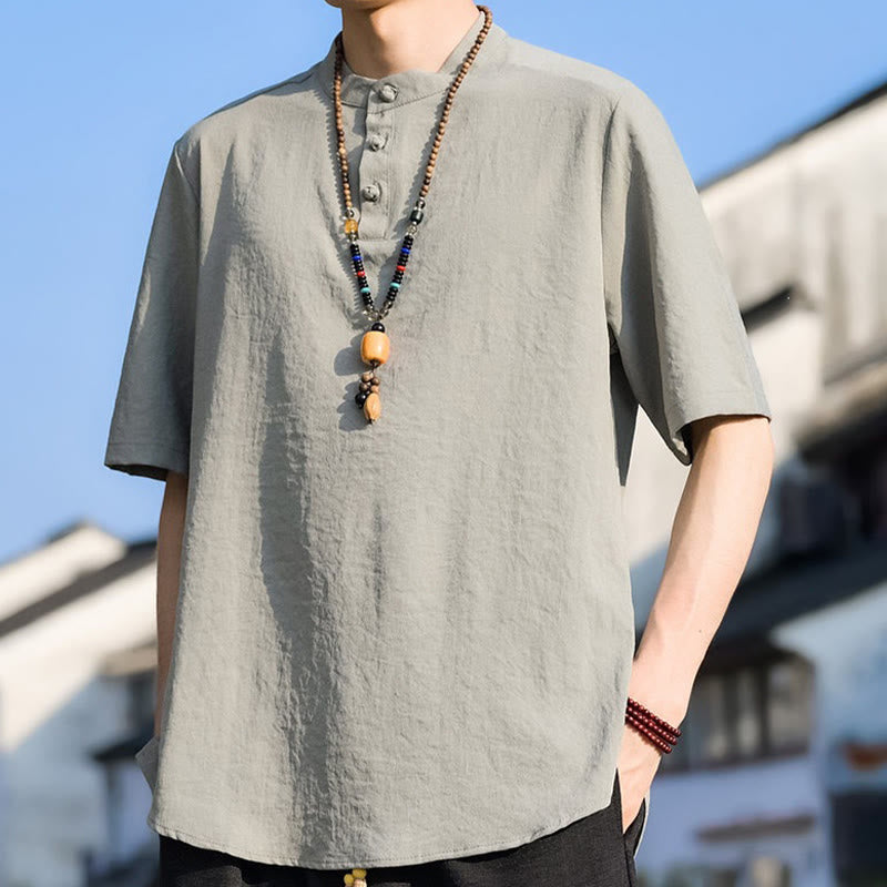 Buddha Stones Chemises d'été décontractées pour hommes, col mandarin, trois boutons, manches courtes, unies - image 5