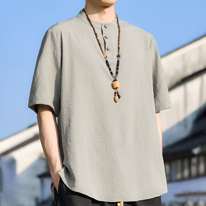 Buddha Stones Chemises d'été décontractées pour hommes, col mandarin, trois boutons, manches courtes, unies - image 1