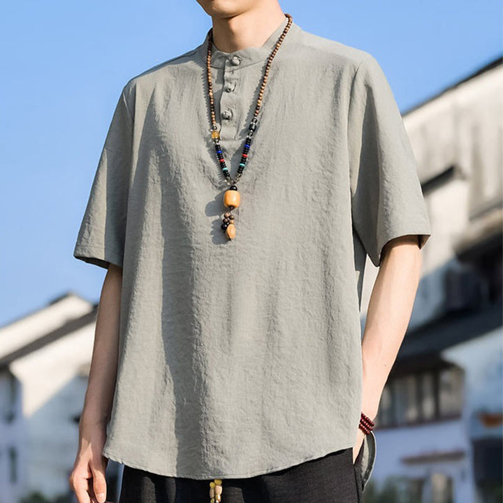 Buddha Stones Chemises d'été décontractées pour hommes, col mandarin, trois boutons, manches courtes, unies - image 2