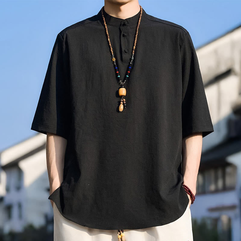Buddha Stones Chemises d'été décontractées pour hommes, col mandarin, trois boutons, manches courtes, unies - Noir - US/UK/AU48, EU58 (5XL) - image 6