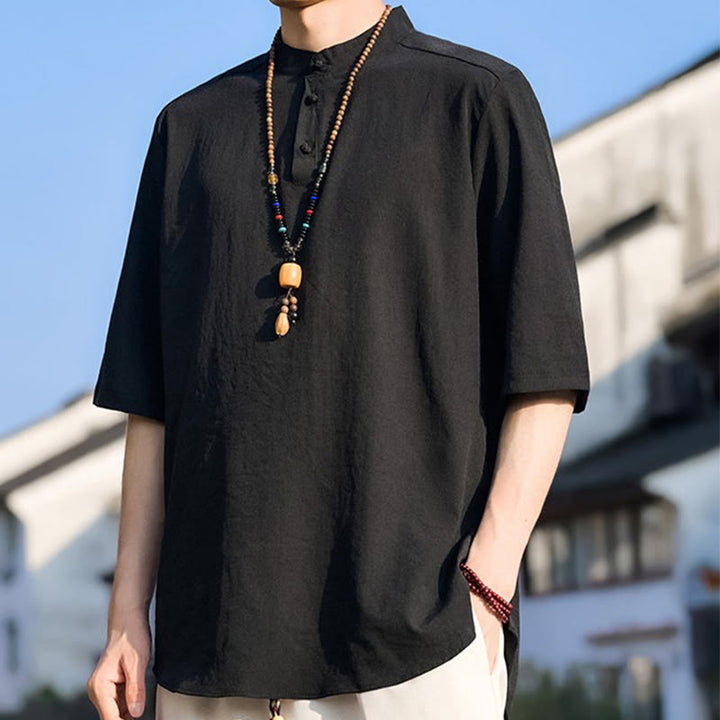 Buddha Stones Chemises d'été décontractées pour hommes, col mandarin, trois boutons, manches courtes, unies - image 7