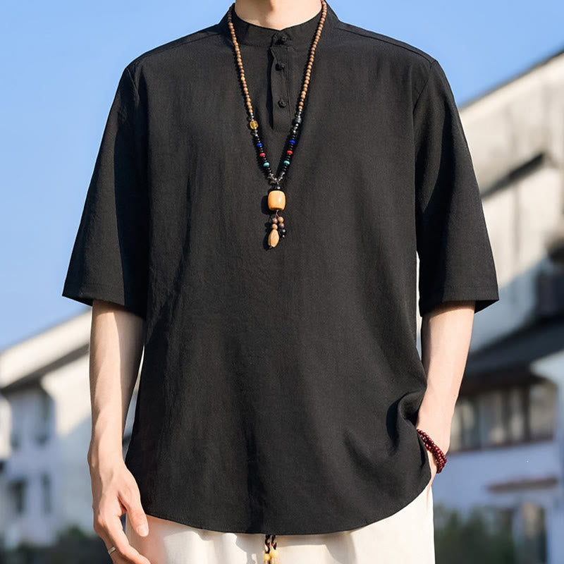 Buddha Stones Chemises d'été décontractées pour hommes, col mandarin, trois boutons, manches courtes, unies - image 13