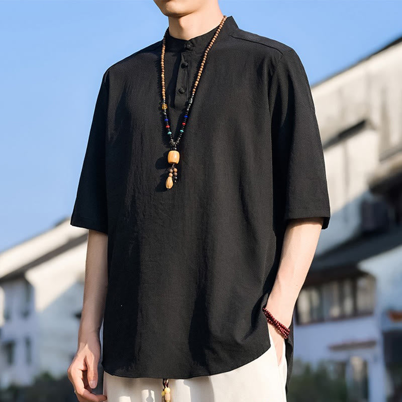 Buddha Stones Chemises d'été décontractées pour hommes, col mandarin, trois boutons, manches courtes, unies - image 10