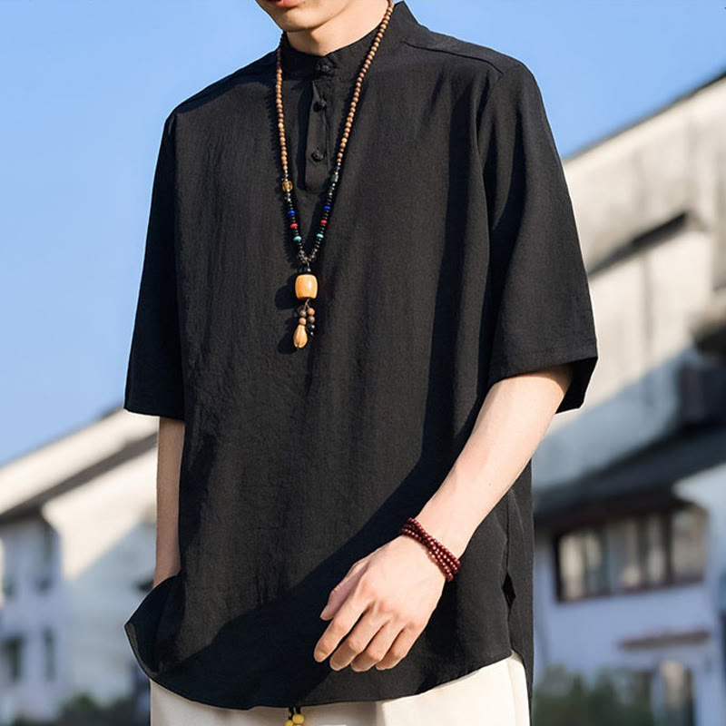 Buddha Stones Chemises d'été décontractées pour hommes, col mandarin, trois boutons, manches courtes, unies - image 11