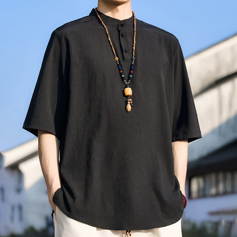 Buddha Stones Chemises d'été décontractées pour hommes, col mandarin, trois boutons, manches courtes, unies - image 9